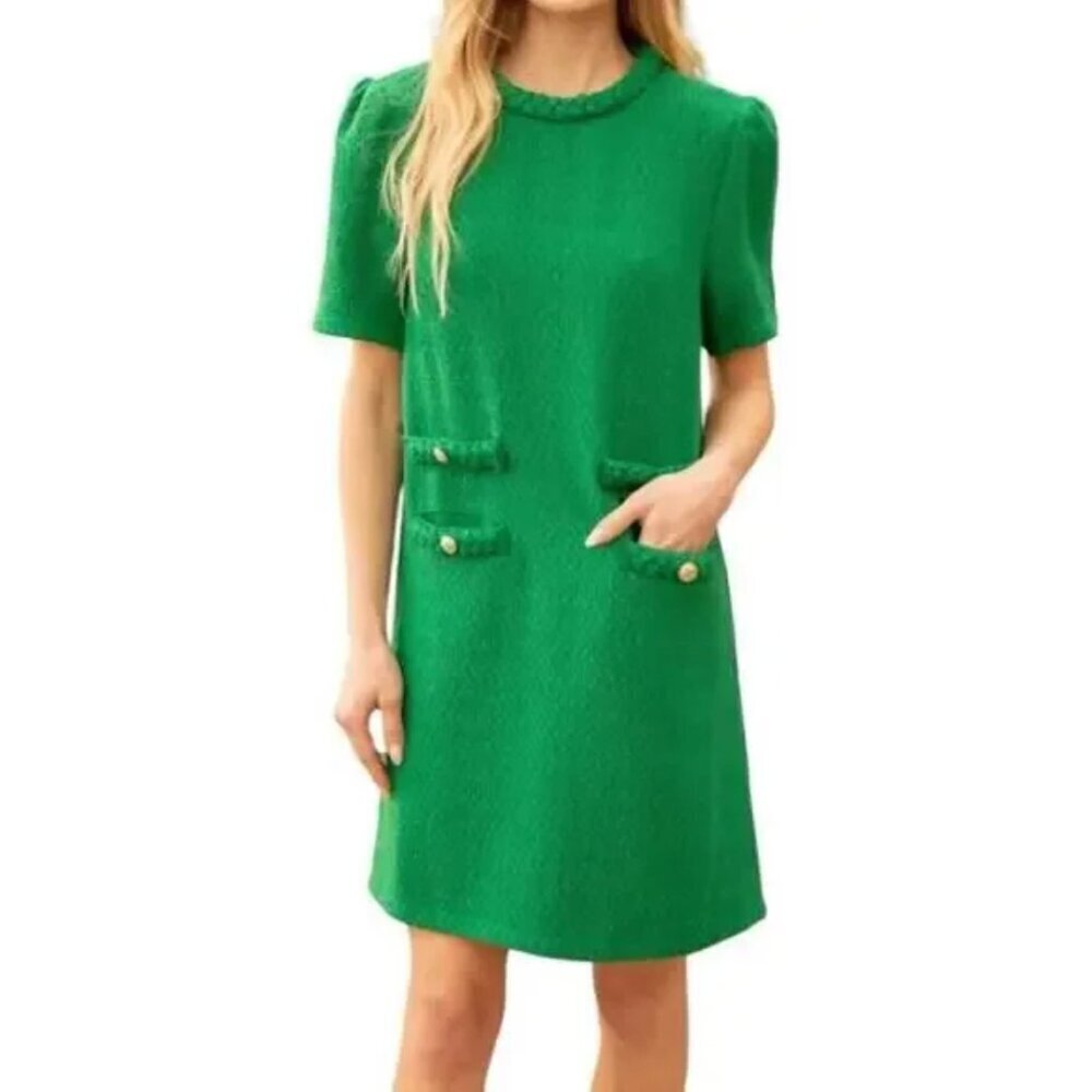 Voy Liz Tweed Green Shift Knee Length Dress Wool Blend, Medium